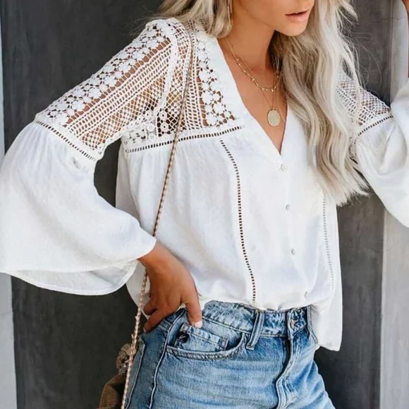 07 Boho White Floral Crochet Lace Button Down Top - Picture 7 of 9